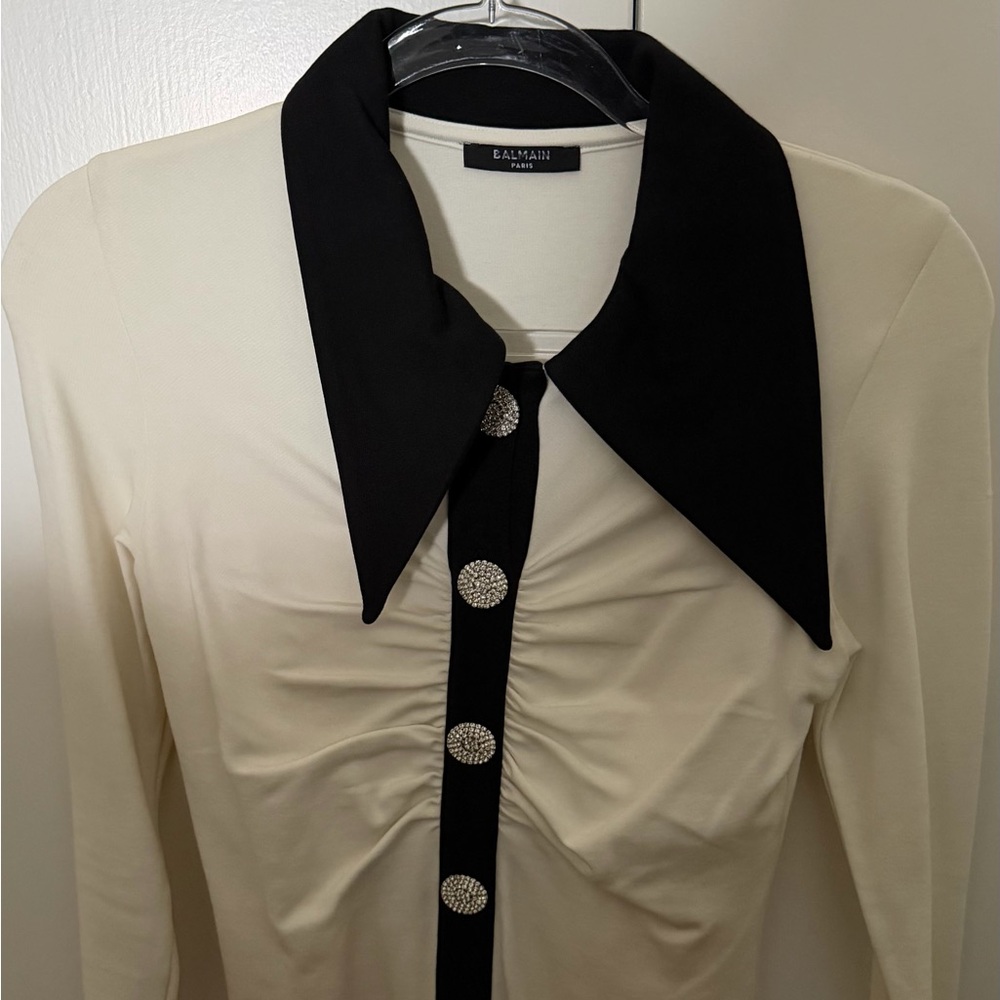 Balmain Two-Tone Blouse with Embellished Buttons